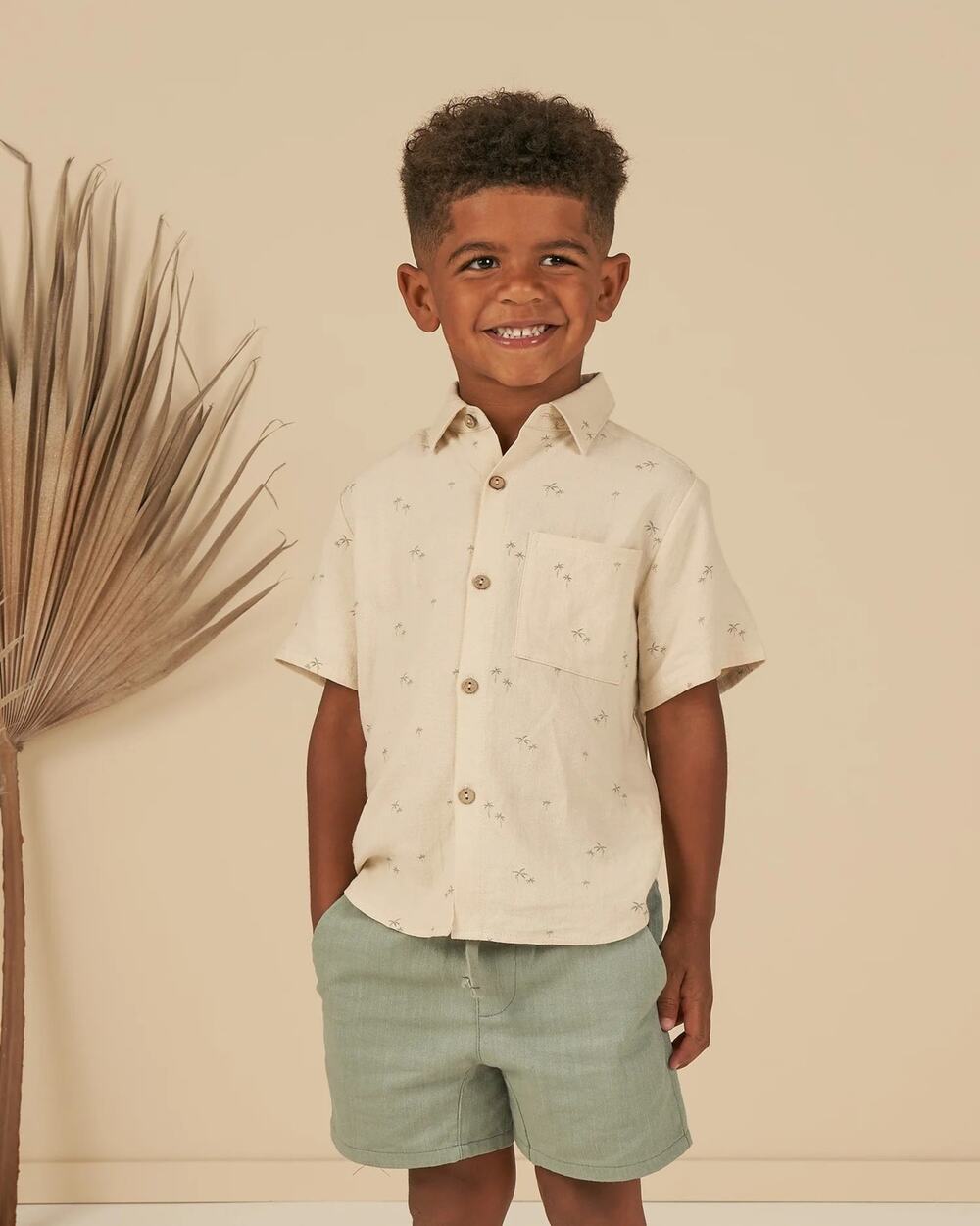 Rylee + Cru Collared Short Sleeve Shirt Palms Print Natural Kids 4-5Y